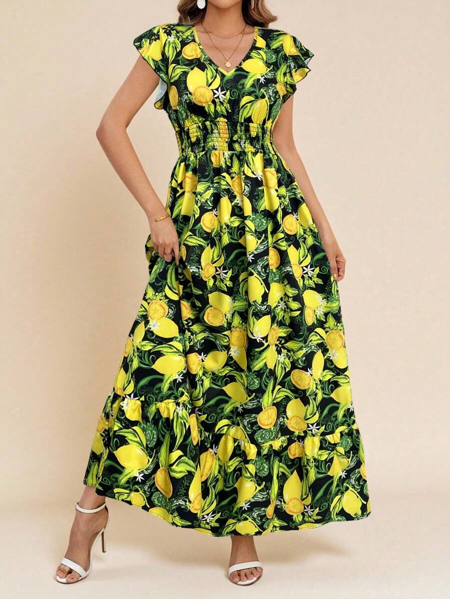 35 Rochie Lunga Carla Neagra cu Print cu Lamai - imagine 1