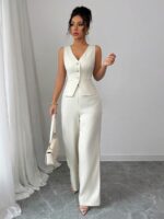Compleu Thalena Bej Deschis format din Vesta si Pantalon - imagine 3