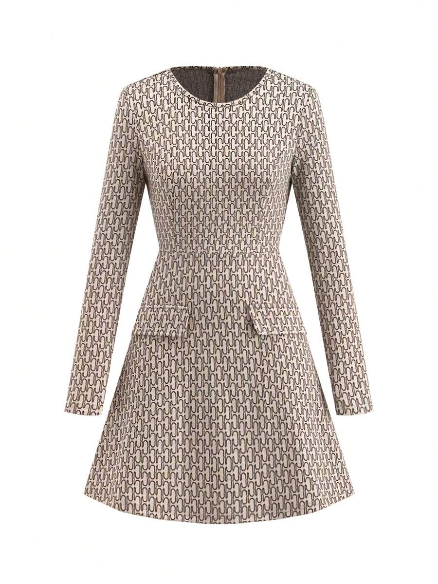 52 Rochie Scurta Troya Bej cu Print Geometric Negru - imagine 1