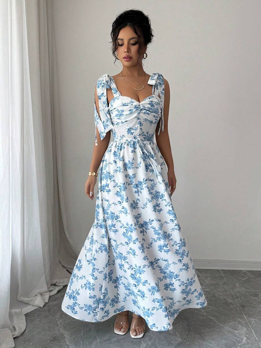 64 Rochie Lunga Hilda Alba cu Print Floral Albastru - imagine 1