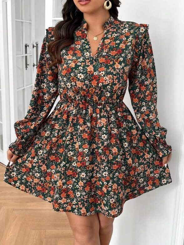 Rochie Scurta Tania Verde Inflorata  - Marimi Mari