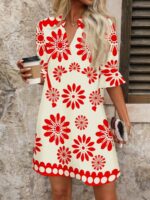 Rochie Scurta Katarina Bej cu Flori Rosii - imagine 3