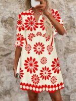Rochie Scurta Katarina Bej cu Flori Rosii - imagine 2