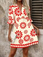 Rochie Scurta Katarina Bej cu Flori Rosii
