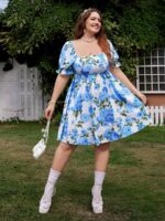 Rochie Scurta Pangora Alba cu Print Floral Albastru - Marimi Mari - imagine 3