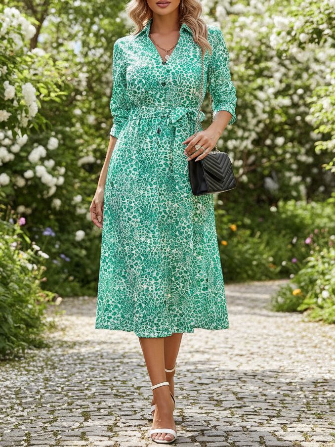 1004 Rochie Midi Bilen Alba Cu Imprimeu Bleu Si Cordon - imagine 1