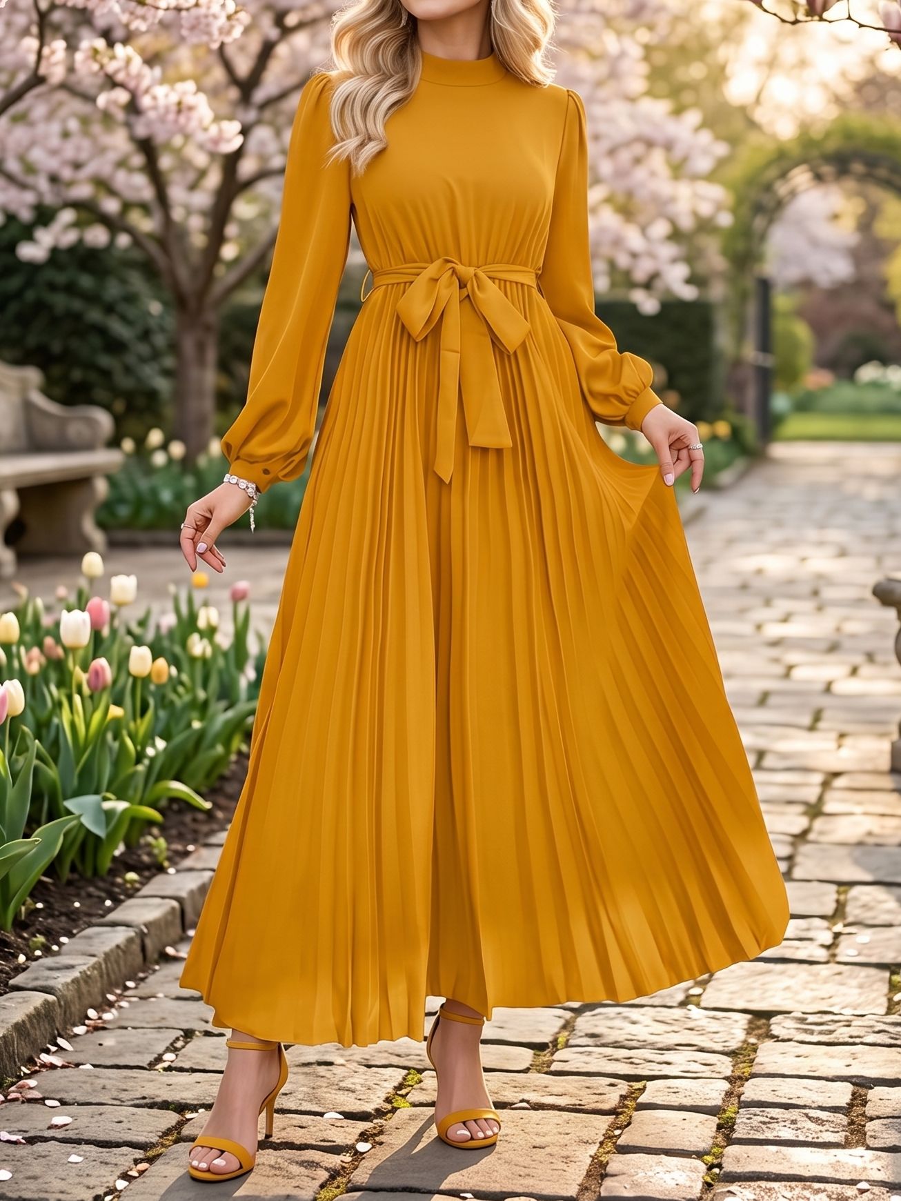 1127 Rochie Lunga Adela Galbena Plisata - imagine 1