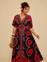 Rochie Lunga Marilena Neagra cu Print Floral Rosu - Marimi Mari - imagine 3