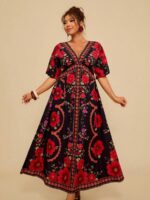 Rochie Lunga Marilena Neagra cu Print Floral Rosu - Marimi Mari