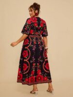 Rochie Lunga Marilena Neagra cu Print Floral Rosu - Marimi Mari - imagine 2