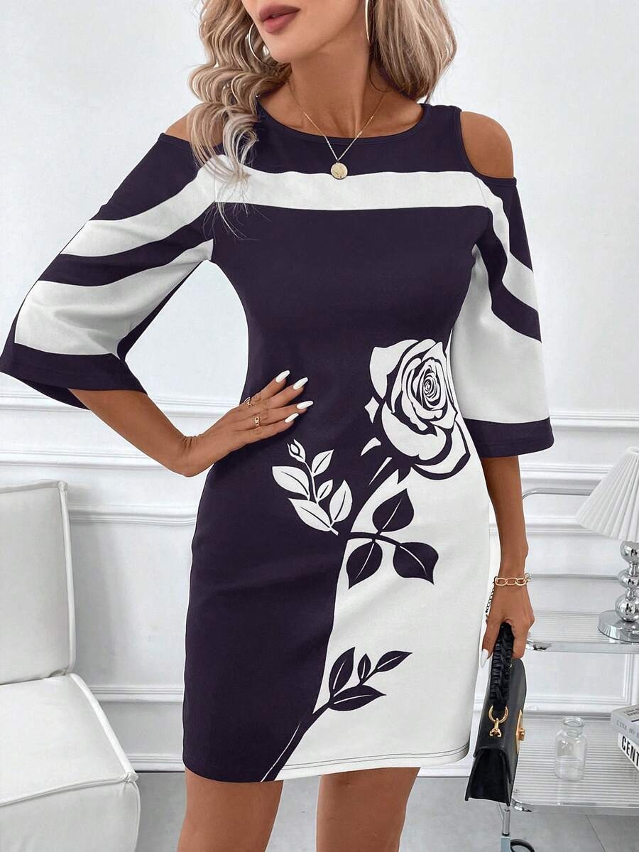 18 Rochie Scurta Leonora Alb cu Violet si Trandafir Alb - imagine 1