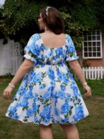 Rochie Scurta Pangora Alba cu Print Floral Albastru - Marimi Mari - imagine 2