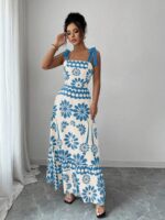 Rochie Lunga Carlisa Crem cu Print Albastru