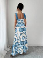 Rochie Lunga Carlisa Crem cu Print Albastru - imagine 2