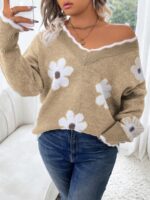 Pulover Tricotat Alexia Bej cu Flori Albe - Marimi Mari - imagine 3