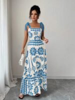 Rochie Lunga Carlisa Crem cu Print Albastru - imagine 3
