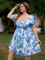 Rochie Scurta Pangora Alba cu Print Floral Albastru - Marimi Mari