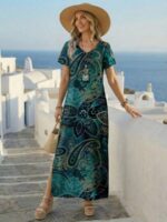 Rochie Lunga Sabina Albastra cu Print Bleumarin