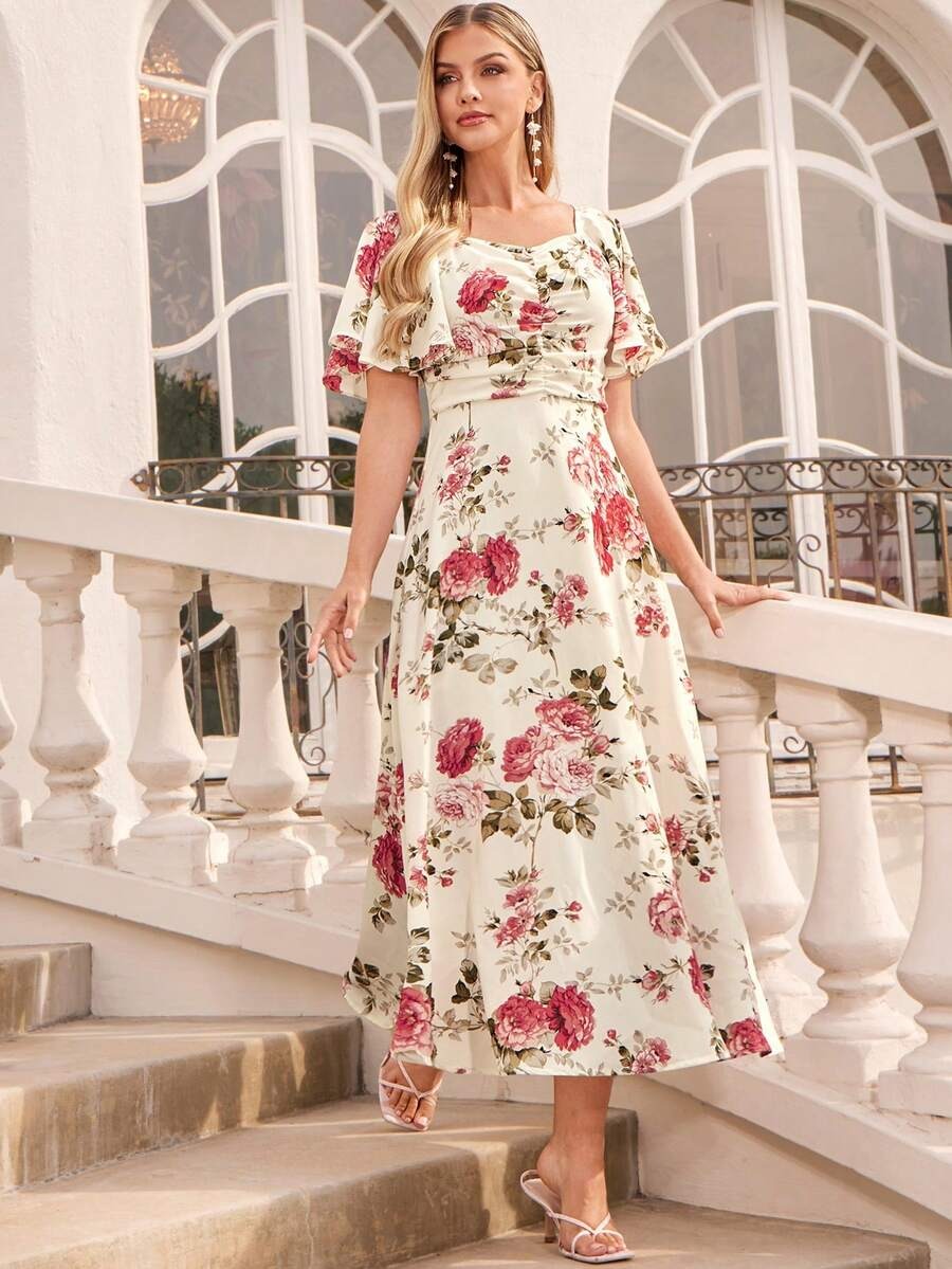 3 Rochie Midi Adela Alba cu Print Floral Roz - imagine 1