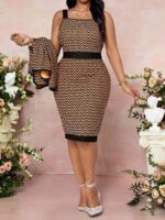 Compleu cu Rochie Scurta Arina Bej cu Print Geometric Negru - Marimi Mari - imagine 3