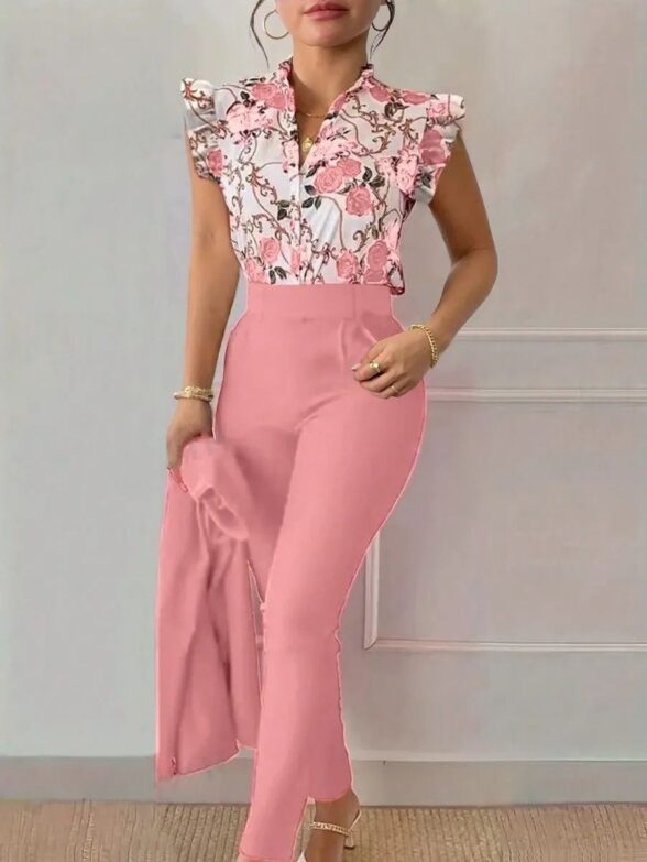 Compleu Nevena Roz format din Camasa si Pantalon