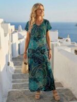 Rochie Lunga Sabina Albastra cu Print Bleumarin - imagine 3