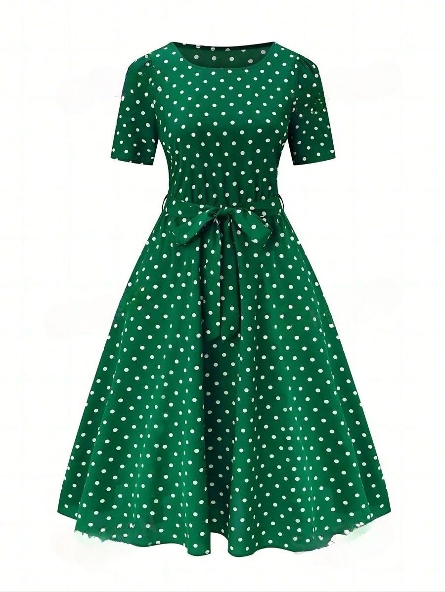 43 Rochie Midi Dinna Verde cu Buline Albe - imagine 1