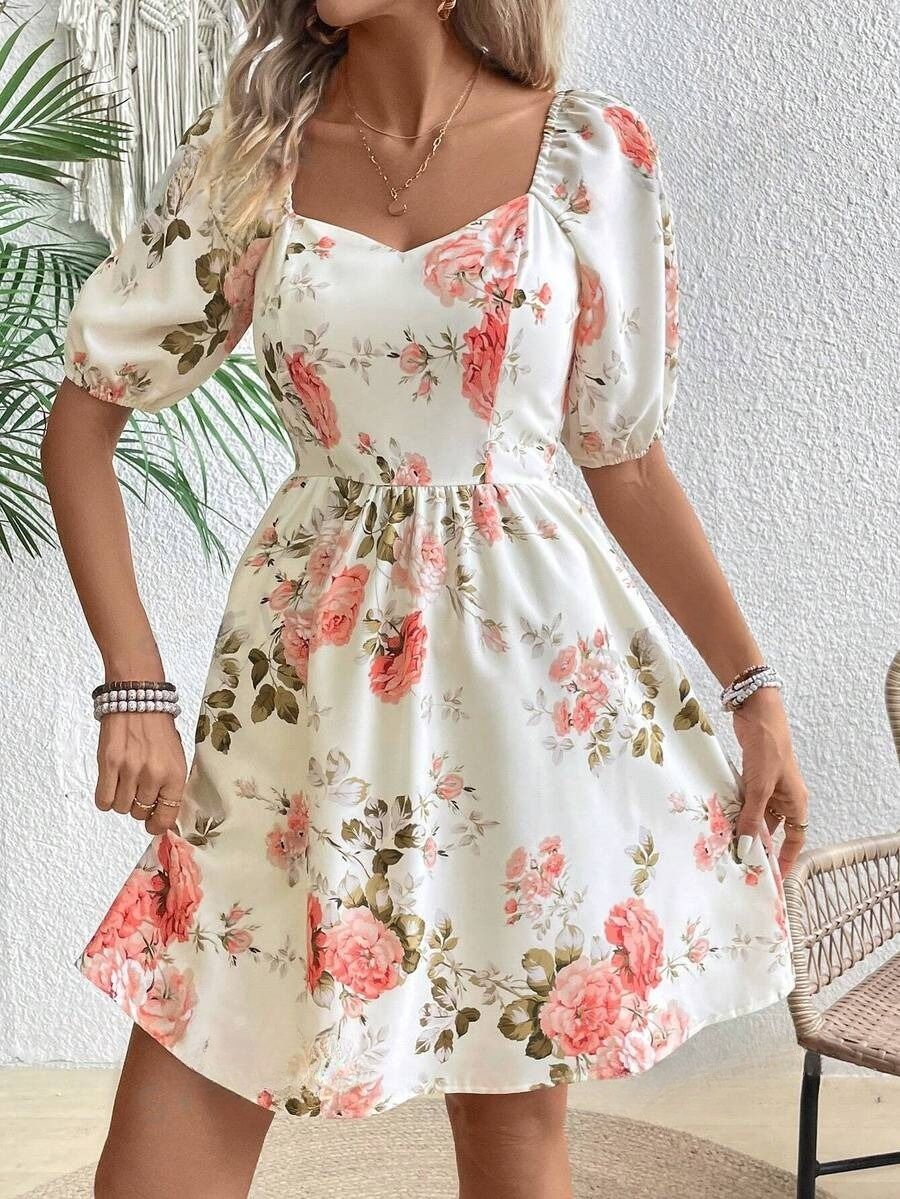44 Rochie Scurta Ronna Alba cu Print Floral Roz - imagine 1