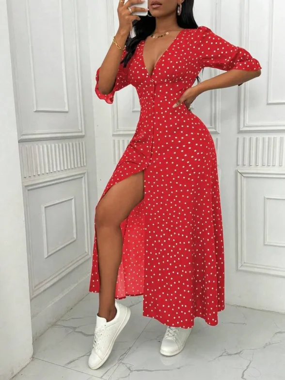 Rochie Lunga Caspian Rosie cu Buline Albe