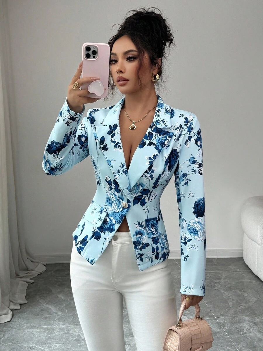 70 Sacou Dama Adelina Bleu cu Print Floral ( fara captuseala ) - imagine 1