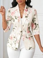 Sacou Dama Estera Crem cu Print Floral Roz ( fara captuseala )