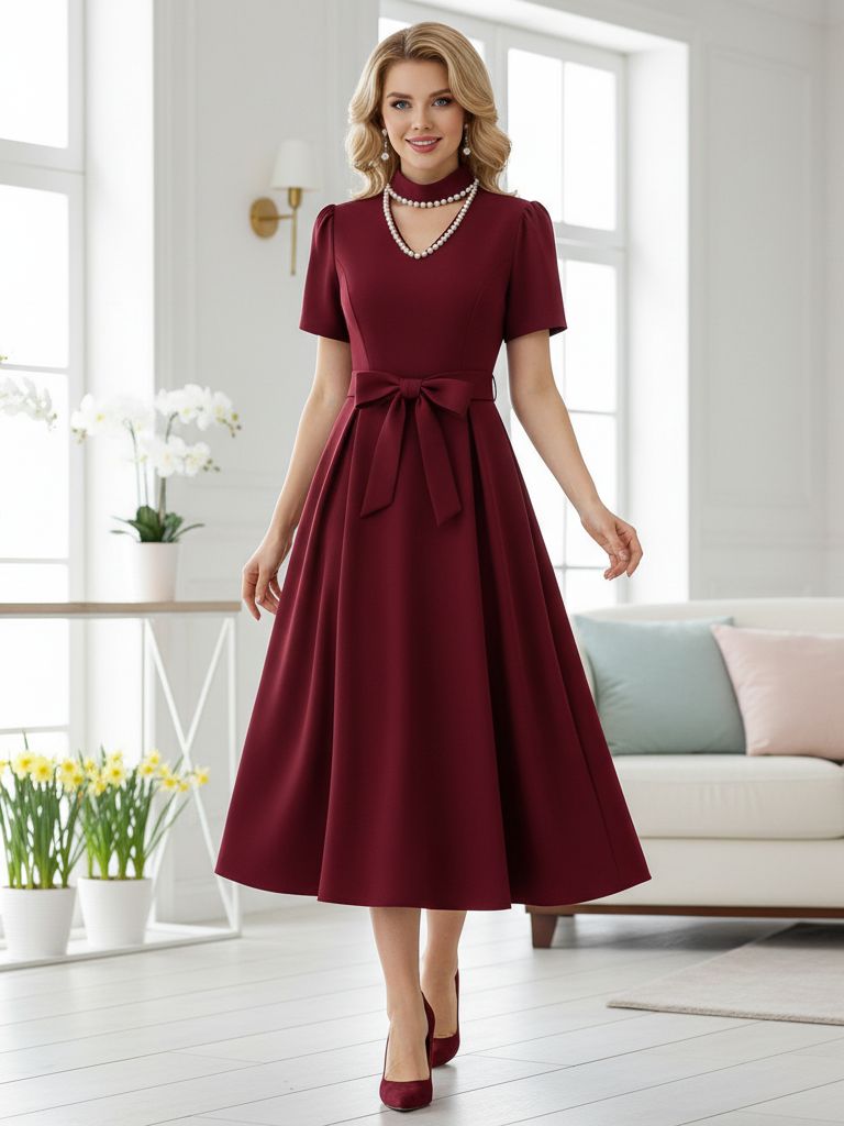 959 Rochie Midi Adelina Grena cu Perle - Marimi Mari - imagine 1