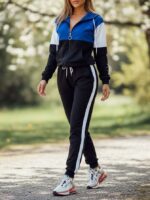 Trening format din bluza cu fermoar si pantalon Bianka Negru cu Albastru si Alb