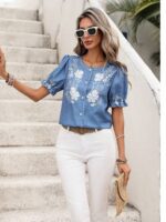 Bluza Dama Aniela Albastra cu Print Floral Alb - imagine 4