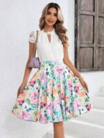 Fusta Midi Adisa Crem cu Print Floral Multicolor - imagine 3