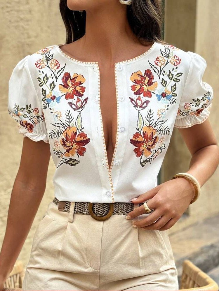 1241 Camasa Dama Pricella Alba cu Print Floral Portocaliu - imagine 1