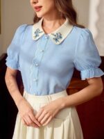 Camasa Dama Ellina Bleu cu Broderie Florala