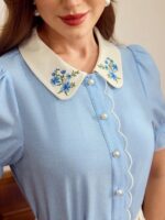 Camasa Dama Ellina Bleu cu Broderie Florala - imagine 3