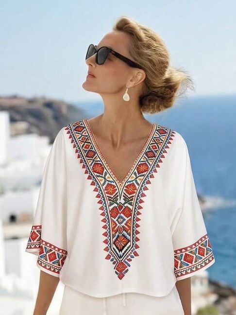 1278 Bluza Dama Epona Alba cu Imprimeu Etnic Geometric si Decolteu in V - imagine 1