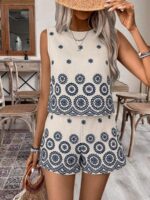 Compleu Kora Bej cu Print Bleumarin format din Top si Pantalon - imagine 3