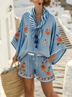 Compleu Cerasela Bleu cu Dungi Albe si Print Floral