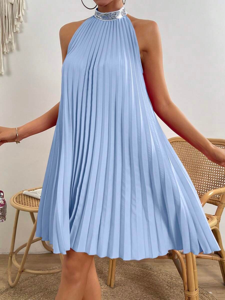 1385 Rochie Scurta Edvina Bleu Plisata - imagine 1