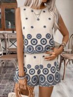 Compleu Kora Bej cu Print Bleumarin format din Top si Pantalon