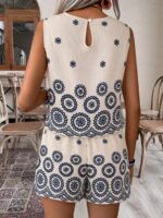 Compleu Kora Bej cu Print Bleumarin format din Top si Pantalon - imagine 2