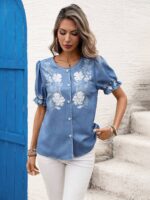 Bluza Dama Aniela Albastra cu Print Floral Alb - imagine 3