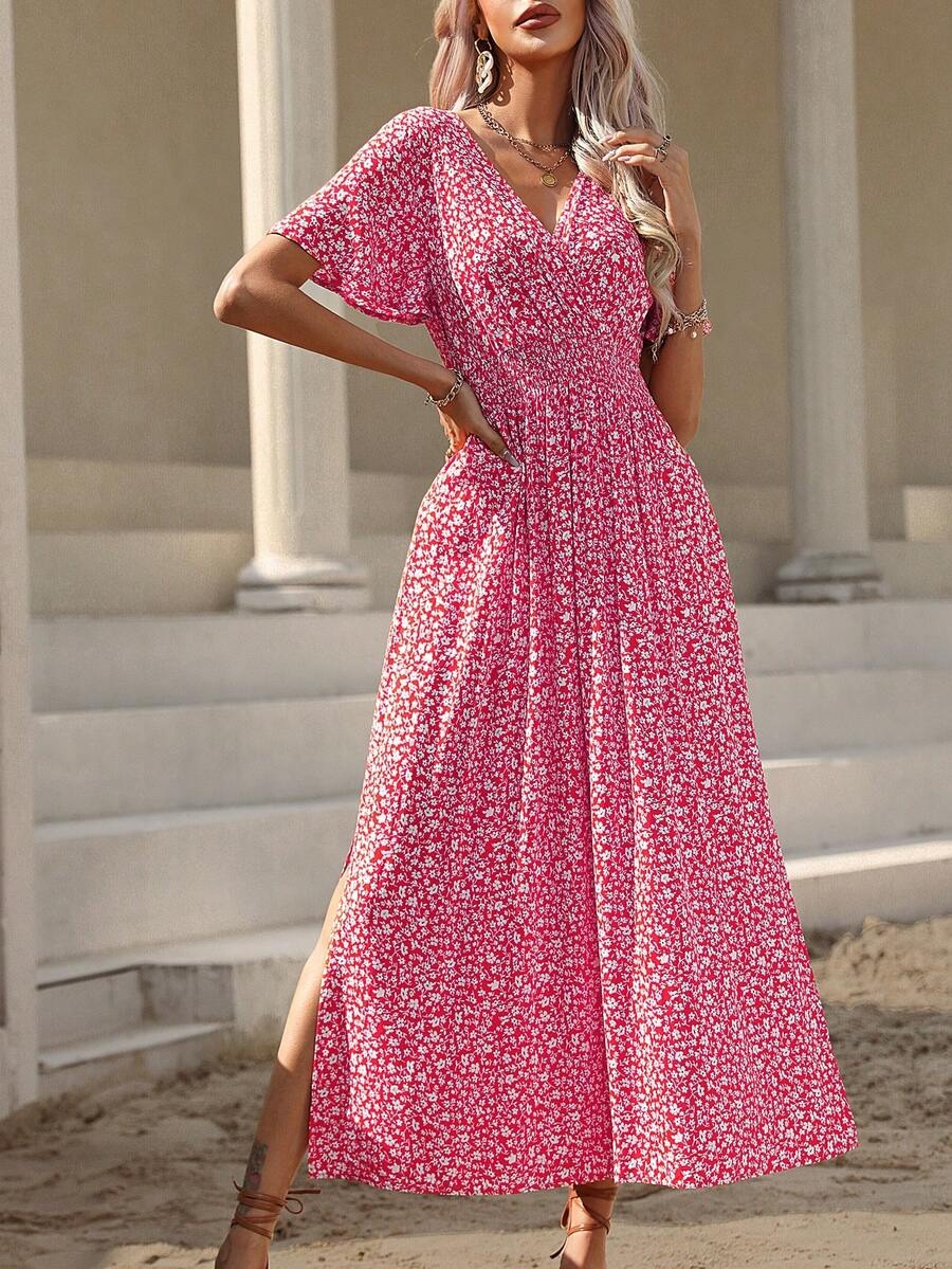 3 Rochie Lunga Dinna Roz cu Print Floral Alb - imagine 1