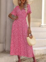 Rochie Lunga Dinna Roz cu Print Floral Alb - imagine 2