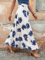 Fusta Lunga Doris Alba cu Print Floral Albastru - imagine 3