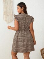 Rochie Scurta Mirela Bej cu Print Geometric Negru - Marimi Mari - imagine 2