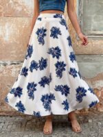 Fusta Lunga Doris Alba cu Print Floral Albastru